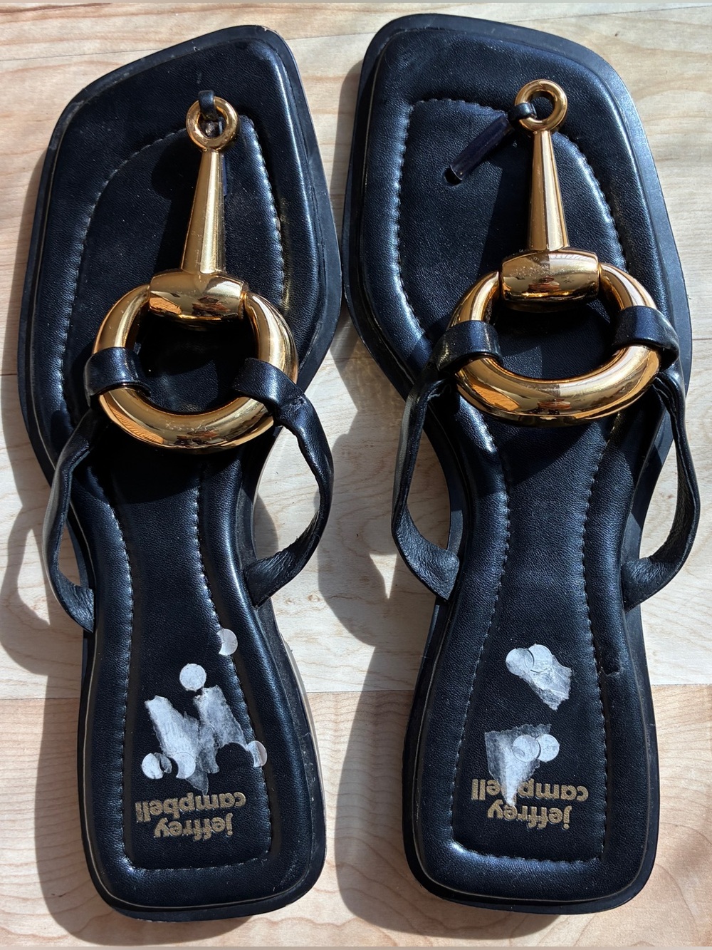 Jeffrey Campbell Black Gold Horsebit Square Toe Flat Sandals